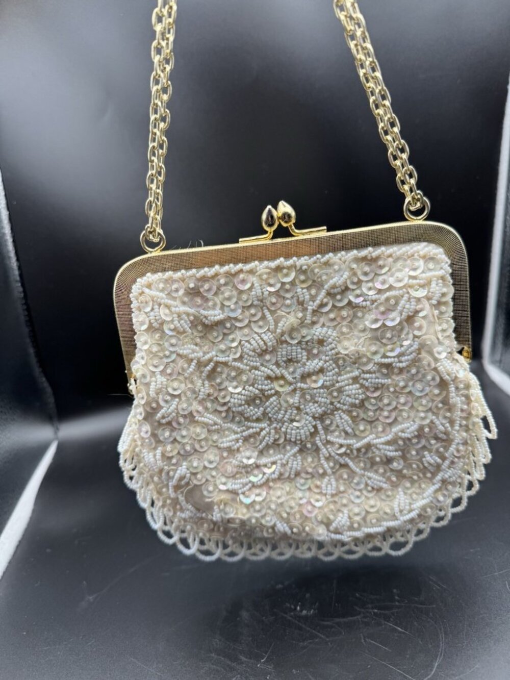 Vtg 50s/60s Beaded Eve Purse Hand Made Hollywood Glam Bridal Sequin Off White